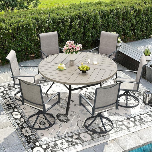 DIFY 7 Piece Outdoor Dining Set, Metal Patio Table and Chairs Set, 50" Grey Wood-Like Round Dining Table & 6 Grey Padded Textilene Swivel Patio Chairs, Outdoor Furniture Set for Garden Backyard