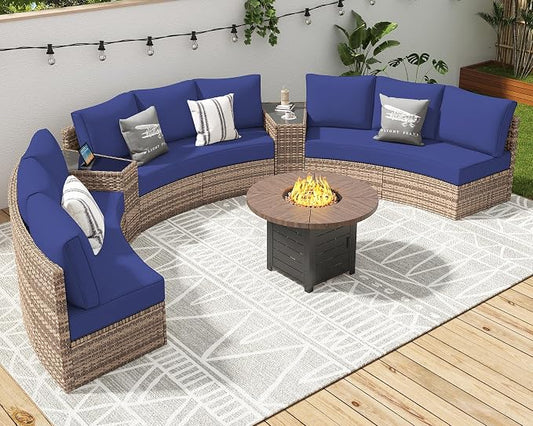 LUXOAK 11-Piece Wicker Patio Furniture Set with Storage Wedge Table, Waterproof Half-Moon Sectional Sofa with Cushions, Rattan Outdoor Conversation Set for Garden, Pool, Beach & Balcony, Blue