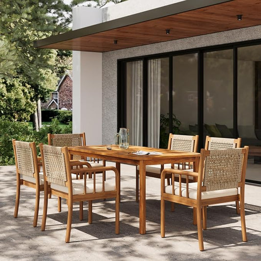 Christopher Knight Home Vera Acacia Wood Outdoor Dining Set for 6, 7 Piece Patio Dining Table and Chair Set, Wooden Outdoor Dining Armchair and Table Set, Teak+Cream
