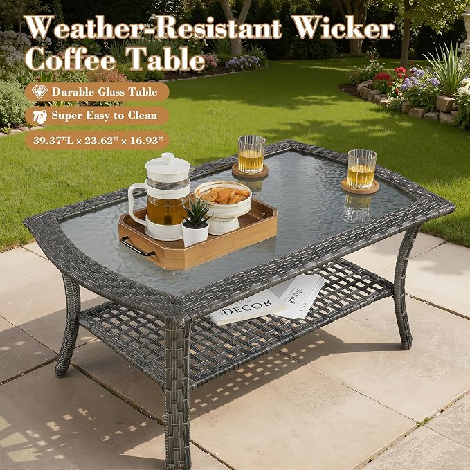 5 Pieces Patio Furniture Set, All Weather Rattan Patio Conversation Sets with Swivel Rocking Chairs, Coffee Table, High Back Outdoor Furniture Loveseat for Porch, Backyard,Dark Grey