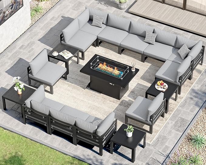 NICESOUL 17 Piece Oversized Aluminum Outdoor Patio Furniture Set with Fire Pit Table & Coffee Table, 29" Wide Deep Sectional Sofa, 500 lbs Heavy Duty Comfortable Conversation Set for Deck, Light Gray