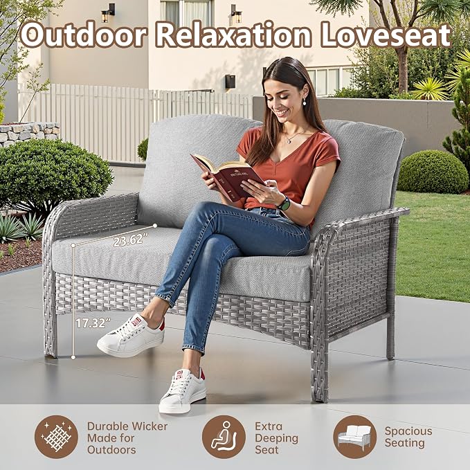 6 PCS Outdoor Patio Furniture Set with Glass Table, All-Weather Rattan Wicker Outdoor Conversation Set with Thickened Cushions for Balcony Backyard Garden Lawn,Dark Grey