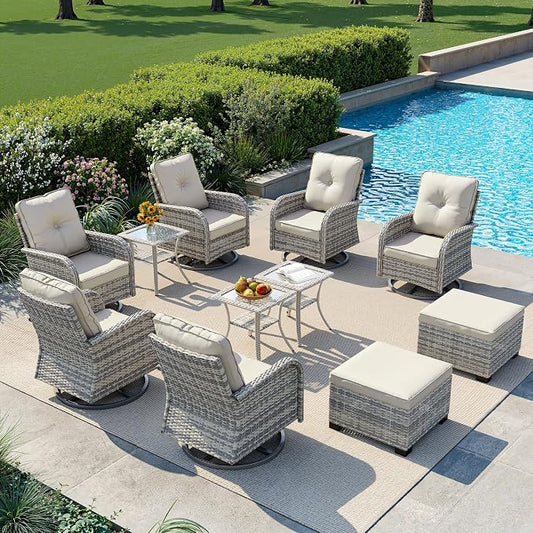 11-Piece Small Patio Furniture Set, Outdoor Swivel Rocking Chairs Set with Ottomans, Patio Bistro Set for Balcony, Deck, Porch,Ivory
