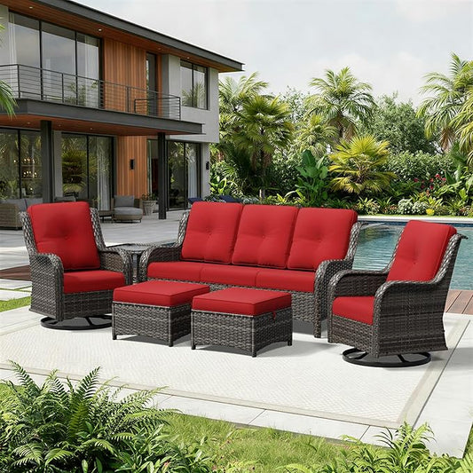 Joyside 6 Piece Wicker Patio Furniture Set, Outdoor Swivel Rocker Patio Chairs with High Back, Deep Seating, Wide Armrest, Thickened Cushions, Outdoor Furniture for Deck, Porch Use