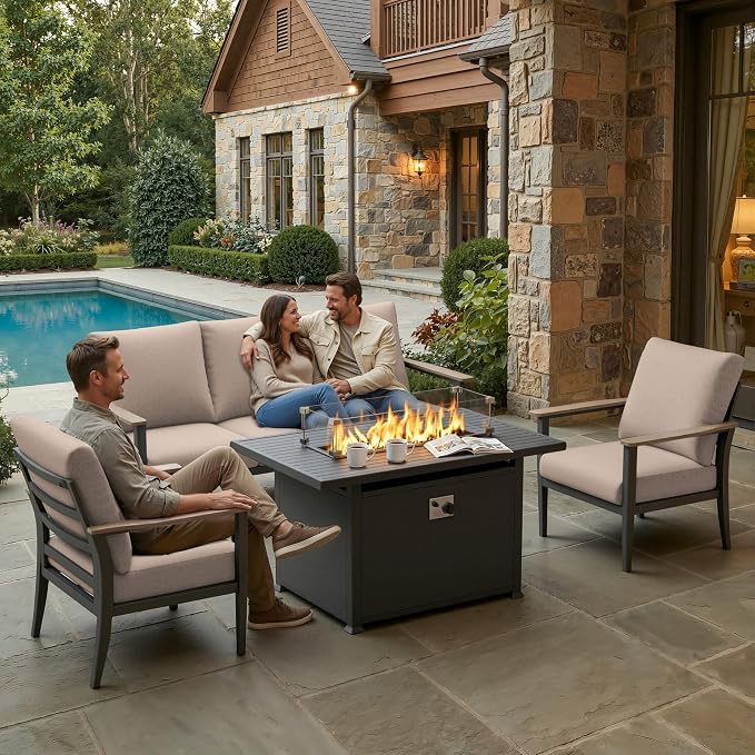 Aluminum Outdoor Patio Furniture Set, 4-Piece Outdoor Sofa with 5.1" Thick Cushions, 55,000 BTU Propane Fire Pit Table, Outdoor Couch for Balcony, Porch, Khaki
