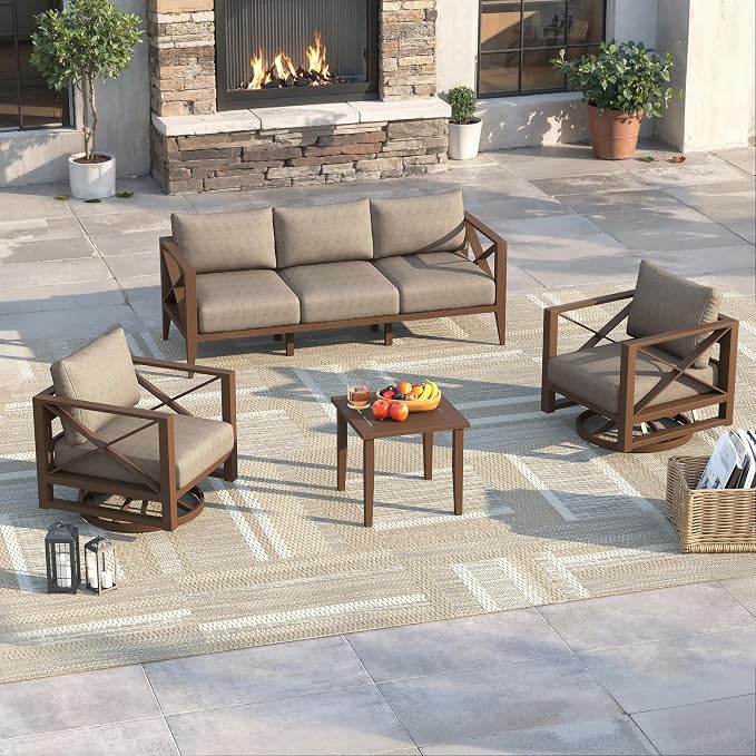 Aluminum Outdoor Patio Furniture Set with Swivel Chairs, 6-Piece Outdoor Sectional with 5.2" Thick Cushions, Patio Conversation Sets for Backyard,(Brown,5 Seats)