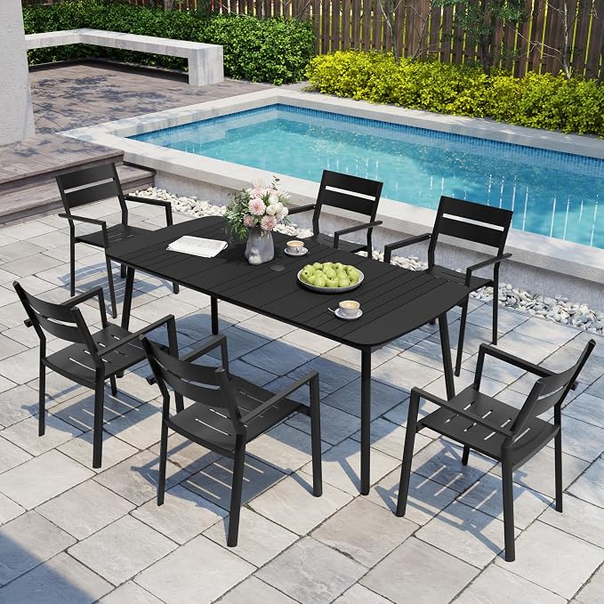 Crestlive Products Outdoor Dining Table for 6, 70In Aluminum Patio Table with Umbrella Hole Weather Resistant Rectangle OutsideTables for Garden Lawn, Black