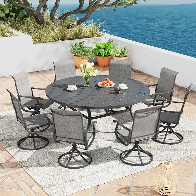 Patio Dining Table for 8-10, Round Metal Outdoor Table with Storage Shelf, 1.57" Umbrella Hole, 63" Outdoor Quartered Tabletop Dining Table for Backyard, Porch, Lawn, Dark Grey