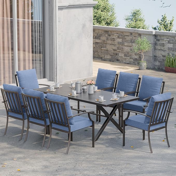 Kurapika 9 Pieces Patio Dining Set Outdoor Furniture with 8 Fixed Chairs, Metal Patio Furniture Set 8 Chairs and Large Table with Umbrella Cutout for Yard Porch, Navy Blue
