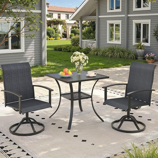 3 Pieces Small Patio Dining Set, Outdoor Furniture of 27.5" Square Small Patio Table and Patio Swivel Chairs for Backyard Lawn Garden, Black Table and Black Chairs