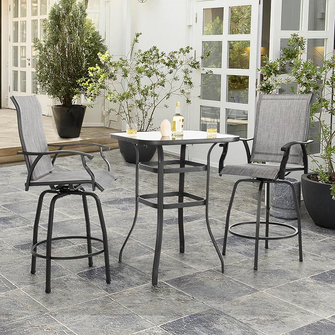 NUU GARDEN 3 Piece Outdoor Patio Bar Set,Glass Table and Swivel Stools,Gray and Black
