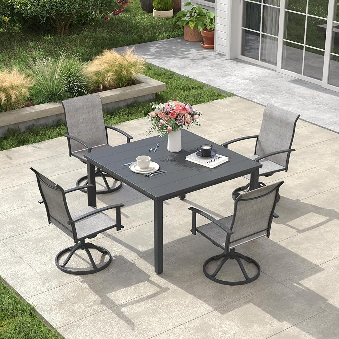 VICLLAX 5 Pieces Patio Dining Set, Patio Furniture Set of Metal Outdoor Table with Umbrella Hole and 4 Swivel Patio Chairs for Backyard Lawn, Grey & Dark Grey