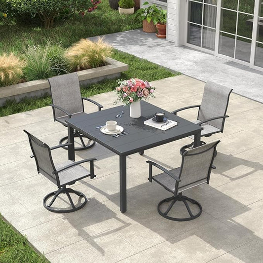 VICLLAX 5 Pieces Patio Dining Set, Patio Furniture Set of Metal Outdoor Table with Umbrella Hole and 4 Swivel Patio Chairs for Backyard Lawn, Grey & Dark Grey