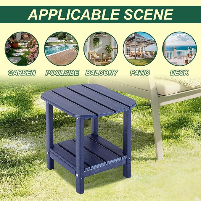 LZRS Patio End Table, Heavy Duty HDPE Outdoor Coffee Table with Wood Texture, Weatherproof Composite Table for Adirondack Chairs, Deck, Pool, Indoor/Outdoor, No Peeling Cracking(Navy Blue)