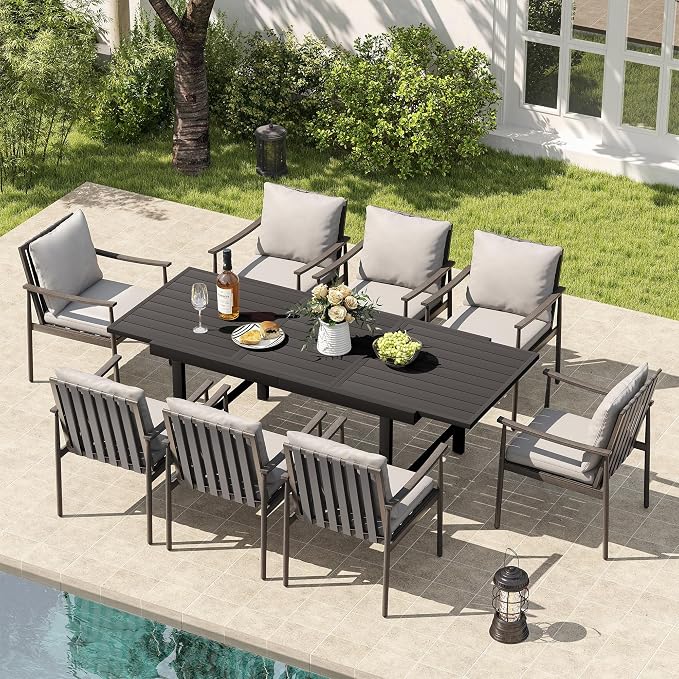 HAPPATIO 9-Piece Aluminum Patio Dining Set,Aluminum Outdoor Dining Set with Cushions,8 Dining Chairs with Expandable Table with Umbrella Hole for Lawn, Garden, Backyard