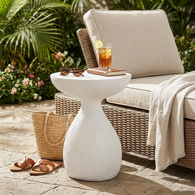 Merax Small Outdoor Patio Side Table, Modern MGO Accent End Table for Indoor Outdoor, 20.87" Height Small Round Patio Coffee Table with Vase-Shaped Base, No Need Assembly, White Textured Stone-Look
