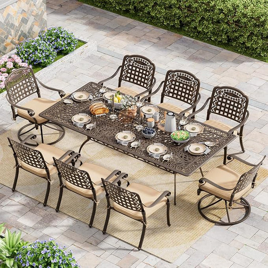 Grepatio 9 Piece Cast Aluminum Outdoor Dining Set, Patio Furniture Set with 2“ Umbrella Hole and 6 Chair & 2 Swivel Chairs with Cushions, Dining Furniture Set for Porch Poolside Garden (Khaki Grid)