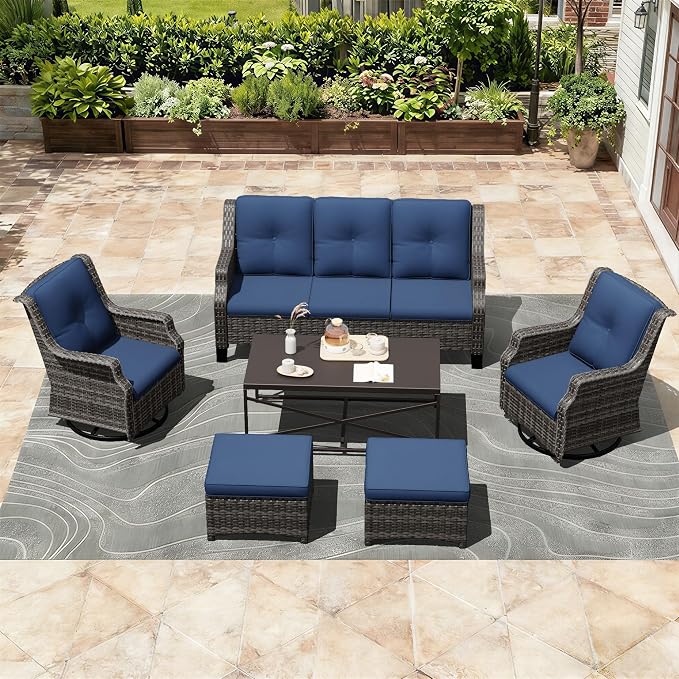 Outdoor Patio Furniture Set, 6 Piece Wicker Patio Furniture with Thick Cushions, Curved Armrest, Deep Seating, Outdoor Swivel Rocker Chairs for Porch, Deck, Balcony