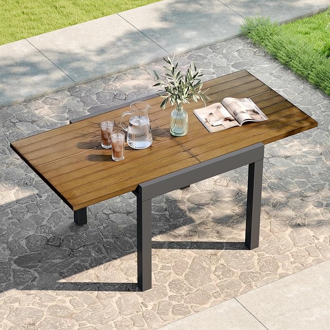Expandable Patio Dining Table for 4-6 Person, Aluminum Extendable Outdoor Table, 32"-65" Adjustable Patio Table, Square/Rectangular Outdoor Accent Table for Garden, Backyard, Poolside, Teak