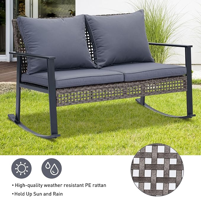 Ainfox Outdoor Wicker Loveseat Rocking Chair, Patio Rattan Rocker Chair with Cushions，All-Weather Modern Cozy Rocking Wicker Furniture for Garden Backyard Porch, Grey