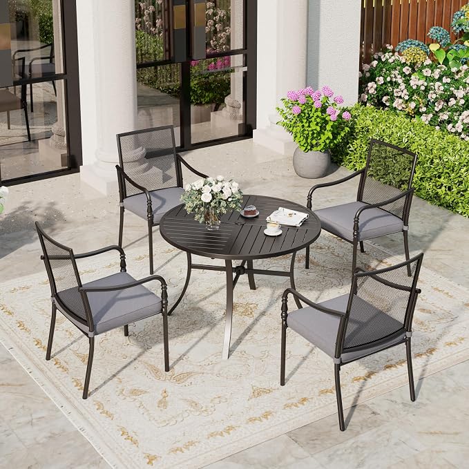 SUNSHINE VALLEY Patio Table and Chairs Set of 4, All-Weather Breathable Metal Mesh Patio Chair with Gourd-Shaped Armrests, 42x42 Round Table with Umbrella Hole, 5 Pcs Metal Frame Patio Dining Set