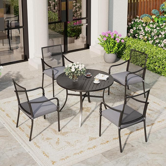 SUNSHINE VALLEY Patio Table and Chairs Set of 4, All-Weather Breathable Metal Mesh Patio Chair with Gourd-Shaped Armrests, 42x42 Round Table with Umbrella Hole, 5 Pcs Metal Frame Patio Dining Set