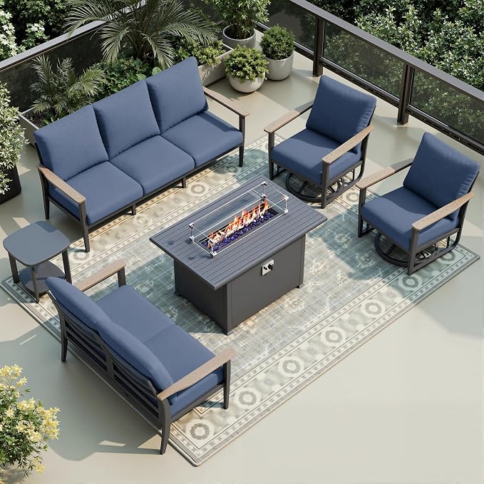 Aluminum Outdoor Patio Furniture Set with Swivel Rocking Chairs 7-Seat, Patio Sectional Sofa Patio Conversation Set with 55,000 BTU Fire Pit Table & High Backrest, Navy Blue