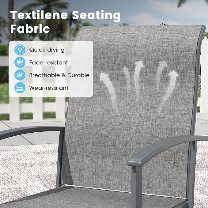 5 Pieces Outdoor Patio Dining Set, 40.6" All Weather Round Metal Table with Umbrella Hole and Storage Shelf, 4 High Back Textilene Swivel Chairs for Garden, Lawn, Grey