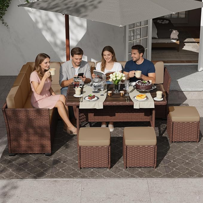 KIGOTY 7 Piece Patio Furniture Set, Outdoor PE Wicker Rattan Outdoor Dining Set, Patio Table and Chairs Set, Patio Conversation Sofa Set with Dining Table and Ottoman(Brown-Camel)