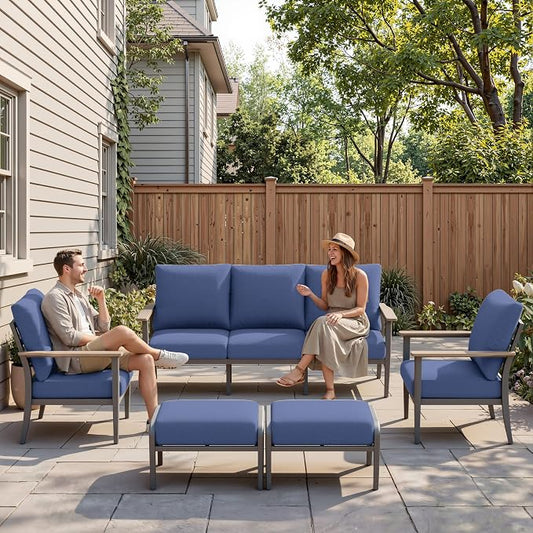 Aluminum Outdoor Patio Furniture Set, 5-Piece Outdoor Sofa with 5.1" Thick Cushions, Outdoor Couch with Ottomans, for Balcony, Porch, Navy Blue