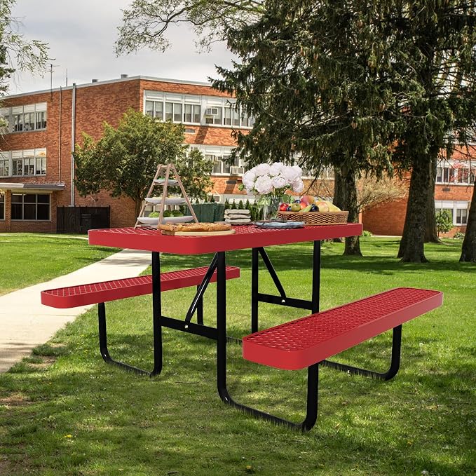 4FT Rectangular Steel Outdoor Picnic Table,Commercial Red Picnic Table Bench Set with Umbrella Hole, Weather-Resistant Heavy Duty School Dining Table for Patio, Garden, Backyard