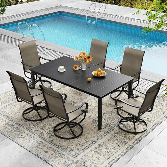 DIFY 7 Pieces Outdoor Patio Dining Set for 6, Swivel Dining Chairs with Brown Textilene and 63" Black Rectangle Metal Dining Table, Outdoor Table and Chairs for Lawn Garden Backyard Deck