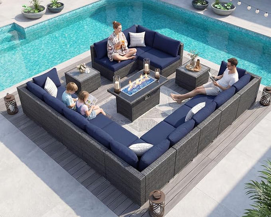 NICESOUL 15 Piece Outdoor Patio Furniture Set with Fire Pit, Extra Large Wide Outdoor Deep Seated Sectional, Cozy 29.3'' High-Back Modular Couch, 500 Lbs High Weight Capacity Wicker Sofa, Gray & Blue