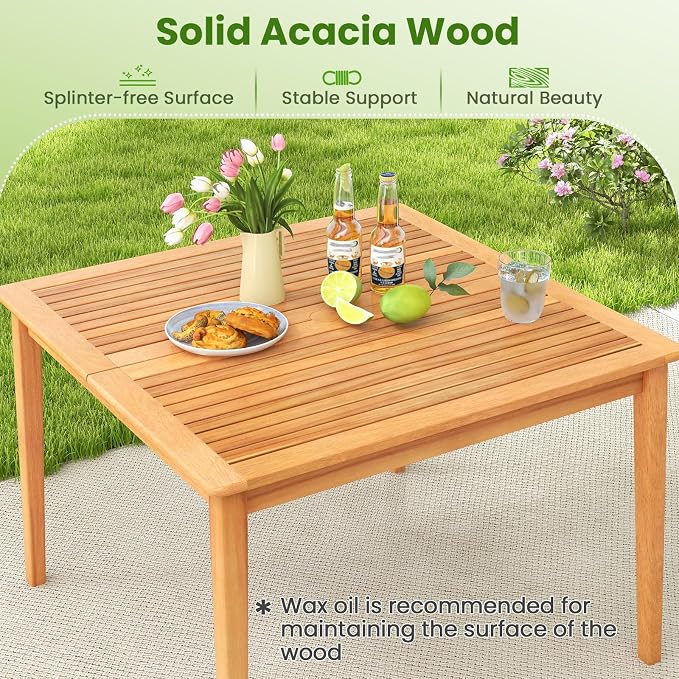 Tangkula 4-Person Outdoor Acacia Wood Dining Table, 40" Square Bistro Table with 1.96" Umbrella Hole, Outdoor Patio Table for Porch, Deck, Garden and Backyard, Natural