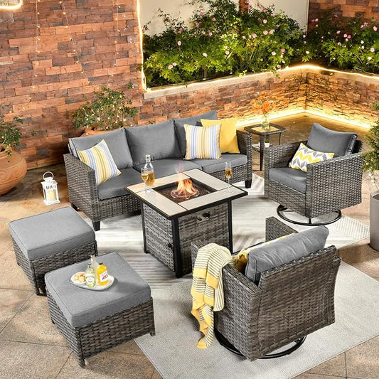 ovios 7 Pieces Patio Furniture Set with Square Fire Pit Table, Swivel Rocking Chairs, Outdoor High Back Wicker Rattan Conversation Set for Deck Porch, Dark Grey