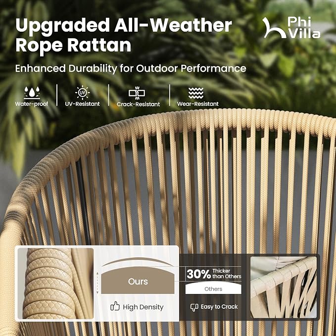 PHI VILLA 9-Piece Patio Dining Set, 57" Square Table, Wicker Chairs | Outdoor dining set for 8, Metal table with umbrella hole, Cushioned brown wicker chairs. Modern design for patio, deck, porch