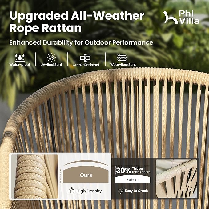 PHI VILLA 5-Piece Patio Dining Set, 31" Square Table, Wicker Chairs | Outdoor dining set for 4, Metal table with umbrella hole, Cushioned brown wicker chairs. Modern design for patio, deck, porch