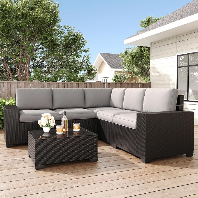 LayinSun 6 Pieces Patio Furniture Set, Black Rattan Modular Sectional Outdoor Conversation Sofa Set
