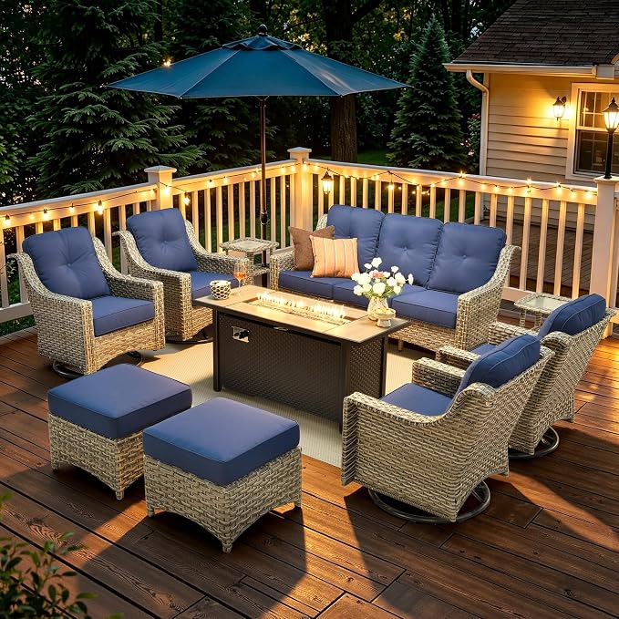 10 Piece Patio Furniture Set with Fire Pit Table, Outdoor Wicker High Back Sofa and Swivel Rocker Chairs Set of 4 with Ottoman, Large Conversation Sets for Backyard Deck Garden, Navy Blue