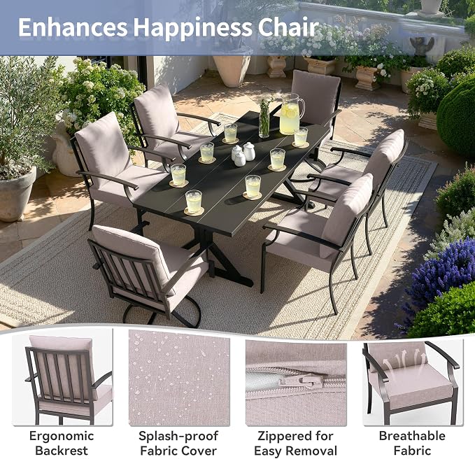 Kullavik 7 Pieces Outdoor Dining Set,Patio Dining Table and Chairs Set for 6,Fence Pattern Back Chairs with Thickened Cushions & X-Frame Metal Dining Table with Umbrella Hole for Patio,Sand