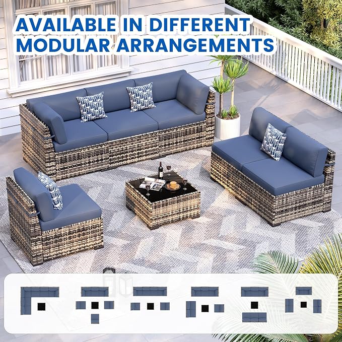 8 Pieces Outdoor Patio Furniture Set with 44" Fire Pit Table Yellow Rattan Sectional Conversation Sets w/Gas Fire Pit, Coffee Table, 1 Waterproof Covers, Navy Blue