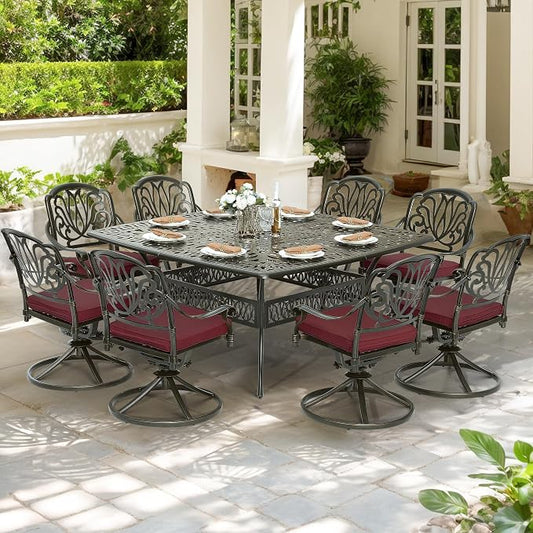 9-Piece Patio Cast Aluminum Dining Set, Outdoor Dining Furniture Set for 8 Person, Includes 64" Square Table and 8 Swivel Rocker Chairs with Umbrella Hole for Patio Deck Garden, Red