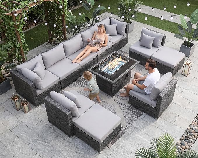 NICESOUL 11 Piece Outdoor Furniture Set with Fireplace, Luxury Big 10-Seats Patio Sectional, 29.3'' High-Back Backyard Seating Comfy, All-Weather Wicker Couch Sets for Outside, Deck, Light Grey