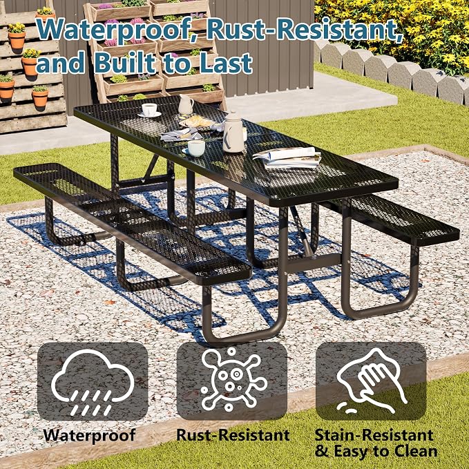 96" Heavy Duty Metal Picnic Table for 10 People, Outdoor Dining with Umbrella Hole, Galvanized Steel Rustproof Frame 882LBS Capacity, Mesh Top for Garden Patio Camping, Black