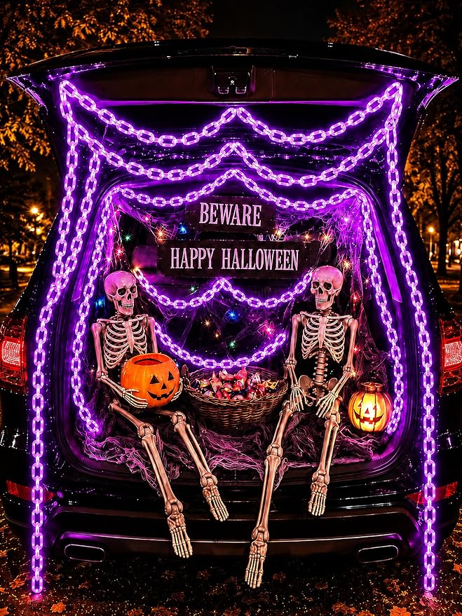 Battery Halloween Chain Lights, 10 FT 160 LED Purple Light-Up Plastic Timer | 8 Modes Battery Operated with Memory for Skeleton Dog, Yard Skeleton, Haunted House and Outdoor Decor Halloween Decorations