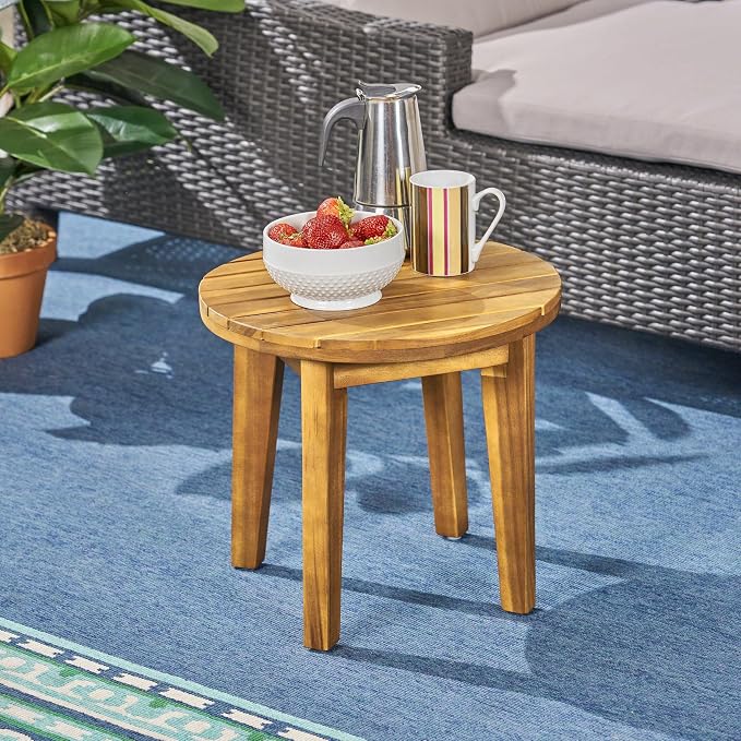 Round Patio Side Table Acacia Wood End Table with Slat Panel Design Rustic Outdoor Accent Table for Garden Backyard Pool Deck Living Room Weather Resistant Easy Maintenance,Teak