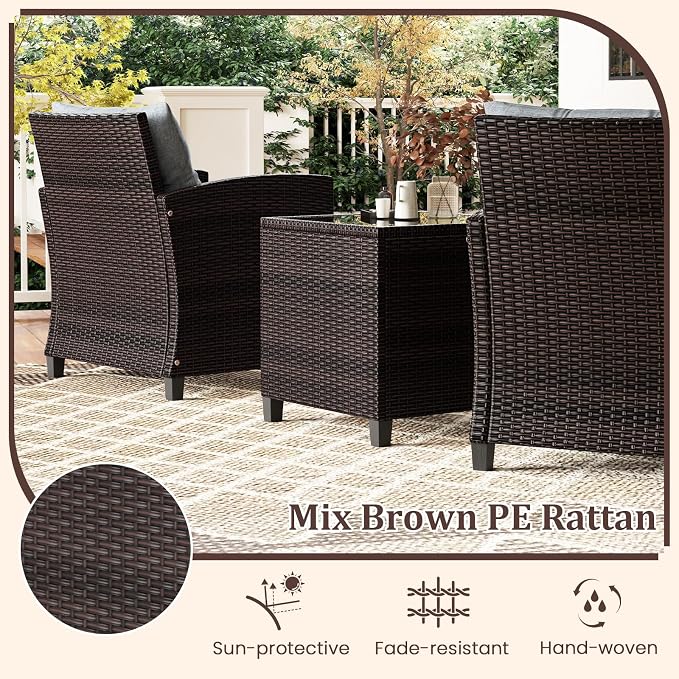 DORTALA Wicker Patio Furniture Set 3 Piece, Outdoor Table and Chairs with Tempered Glass Tabletop, Cushions, Small Rattan Conversation Sofa Set for Balcony, Porch, Backyard, Deck, Grey