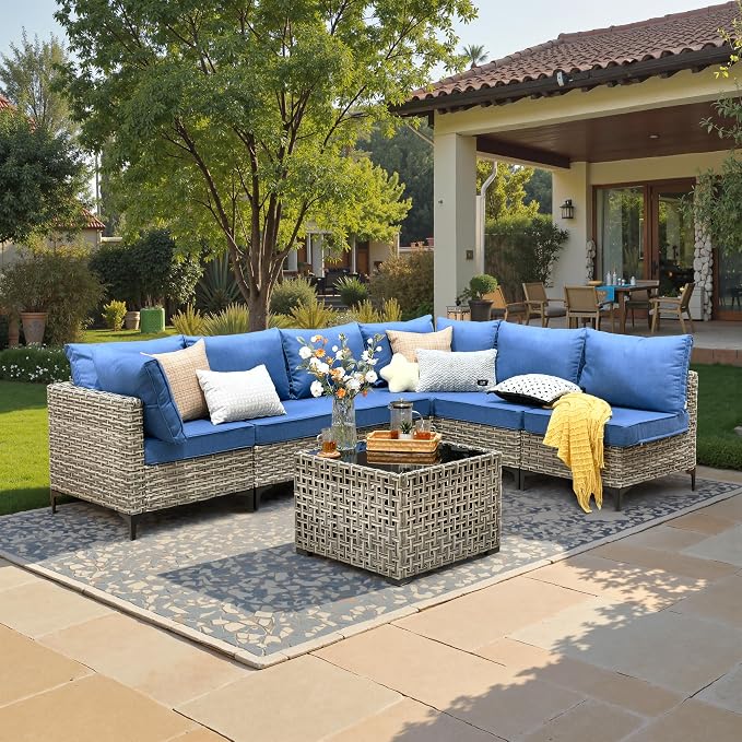 7 Piece Outdoor Patio Furniture with Glowing Coffee Table, Rattan Wicker Conversation Set with Sofa, Sectional Single Chairs for Outside Porch Balcony Backyard Pool,Light Blue