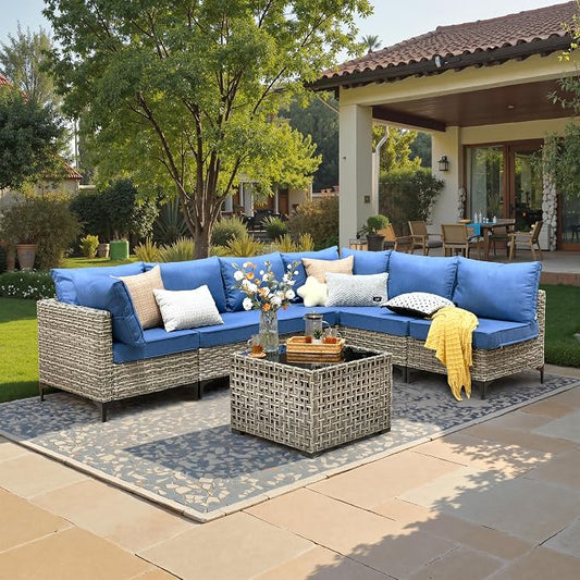 7 Piece Outdoor Patio Furniture with Glowing Coffee Table, Rattan Wicker Conversation Set with Sofa, Sectional Single Chairs for Outside Porch Balcony Backyard Pool,Light Blue