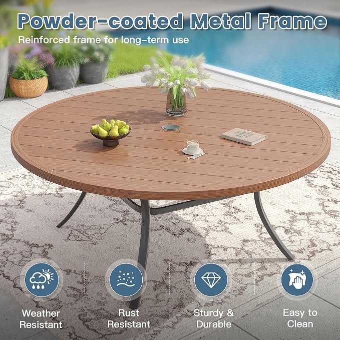 DIFY 63" Round Outdoor Patio Dining Table for 8-10, Metal Patio Table with 1.57" Adjustable Umbrella Hole, All-Weather Outdoor Furniture Table for Garden Backyard Deck, Walnut